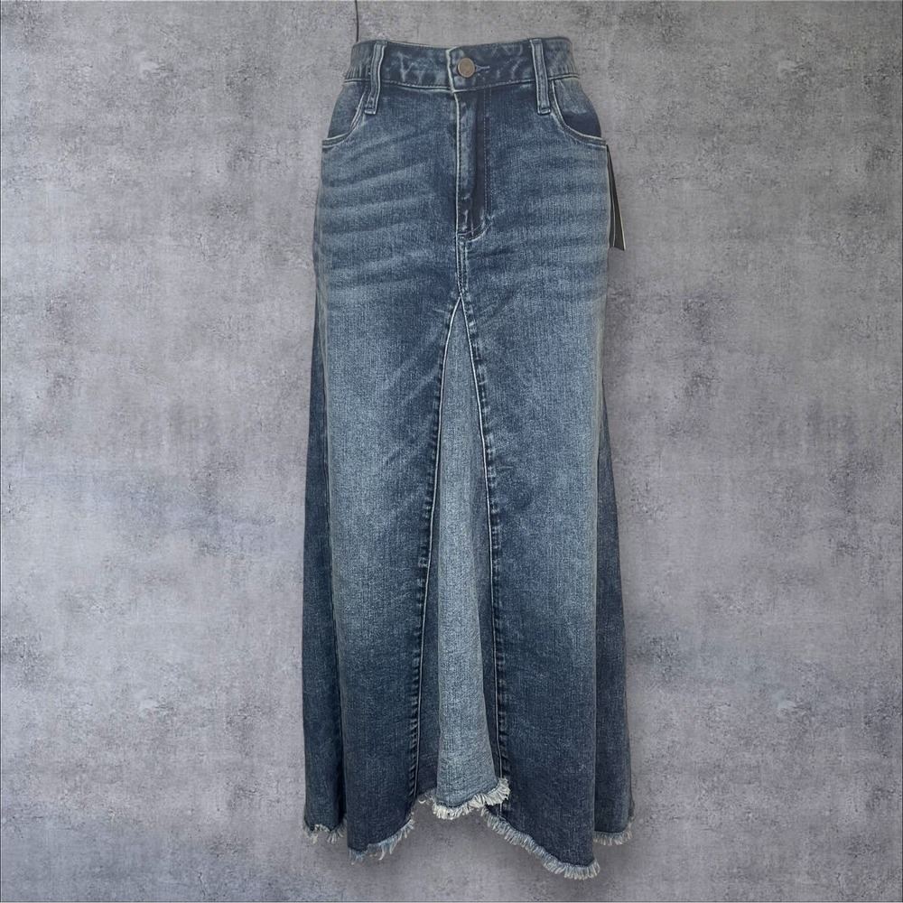Wash Lab Selma Denim Pieced Maxi Skirt Deep Blue Womens 30 Boho Western Raw Hem